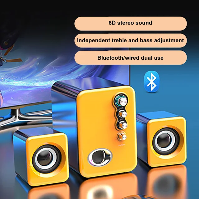 Computer Audio USB 2.1 Multimedia Bluetooth Overweight Subwoofer Desktop Home Speaker Wired Universal Audio Bluetooth 6D Yellow