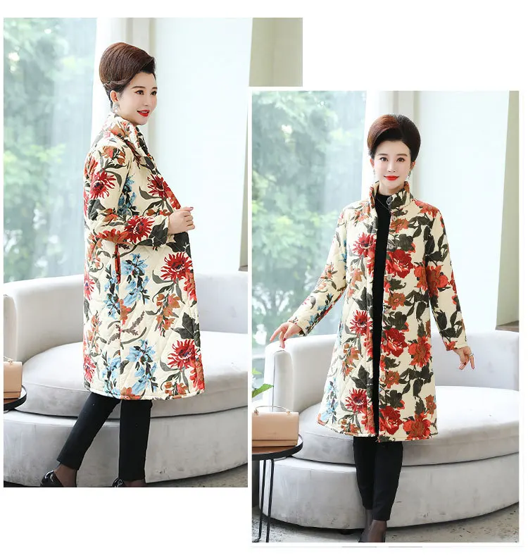 Autumn And Winter Large Size Ethnic-Style Middle-aged Women Dress Cotton Linen Padded plus Velvet Cotton-padded Clothes Mid