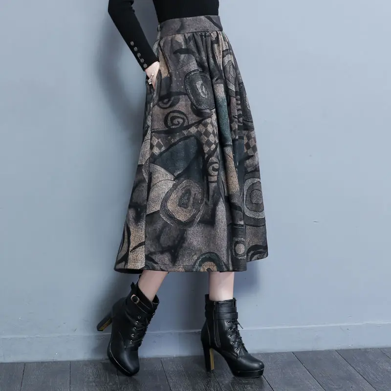 style 2 Винтажные шерстяные юбки размера плюс 5XL, Женская Зимняя юбка с модным принтом, длинная юбка макси с высокой талией, плиссированная юбка-пачка C3929 - Цвет: style 2