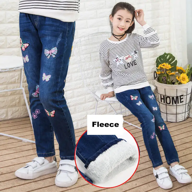 9008 fleece Зимние джинсы для девочек; флисовые джинсы для детей; повседневные плотные теплые брюки с вышивкой для девочек-подростков; синие джинсы с потертостями для малышей от 3 до 12 лет - Цвет: 9008 fleece