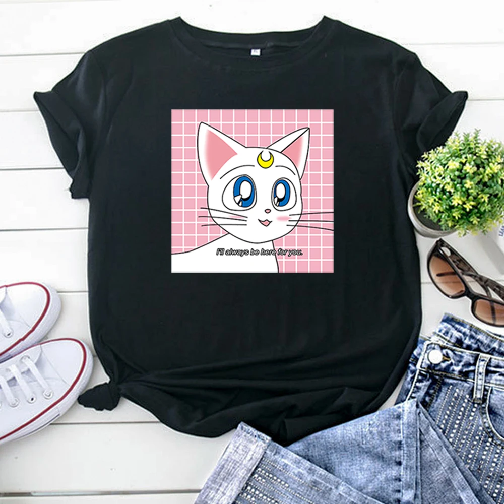 Women'S Tshirt Sailor Moon Cartoon Cat T Shirts For Women Cotton Hip Hop Woman T-Shirts Round Neck Vintage Short Sleeve Tops