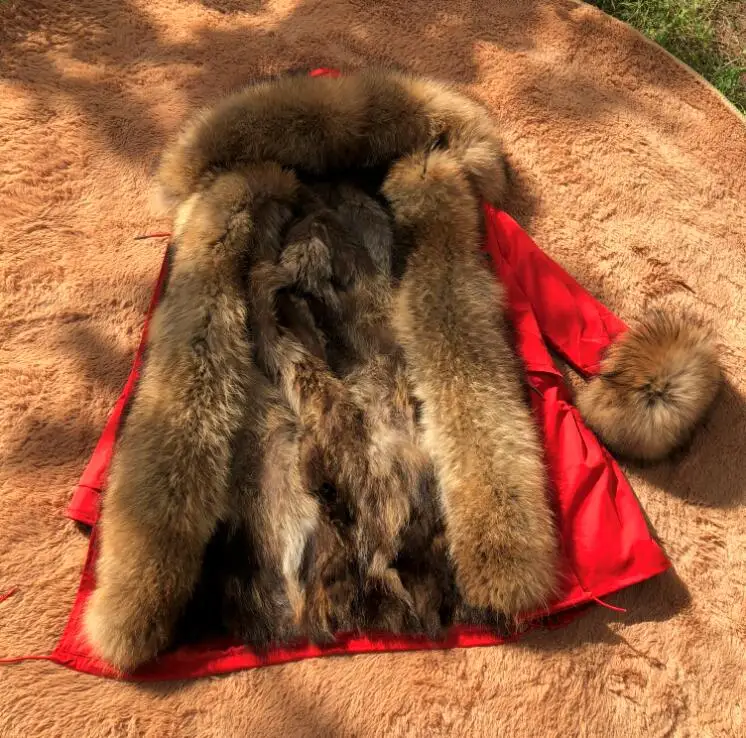 FP03 red-Raccoon C Fandy lokar натуральная меховая парка зимняя женская куртка теплая длинная Военная парка Настоящий мех кролика подкладка капюшон пальто из натурального меха енота - Цвет: FP03 red-Raccoon C