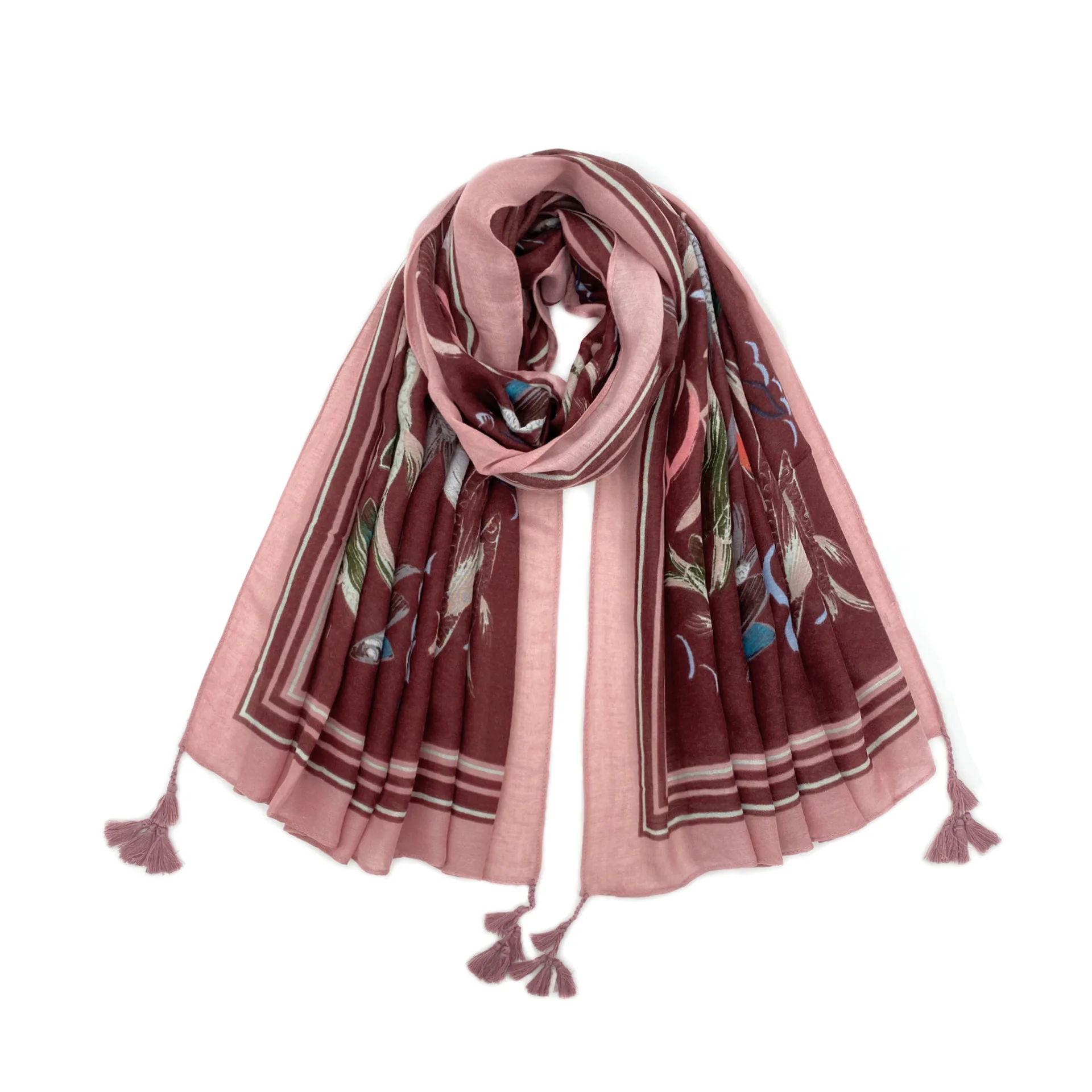 retro-ethnic-style-chinese-painting-grape-red-flying-fish-silk-scarf-long-braid-cotton-linen-scarf