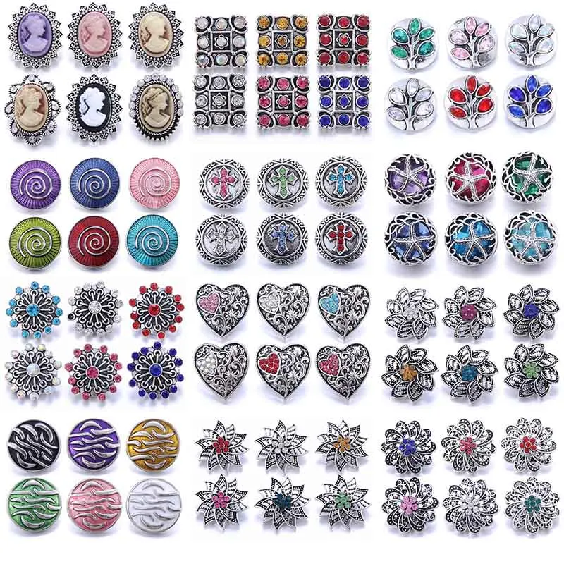 

10pcs/lot Wholesale 18mm Snaps Jewelry Resin Metal Rhinestone Flower 18mm Snap Buttons Fit Snap Button Bracelet Charms Jewelry