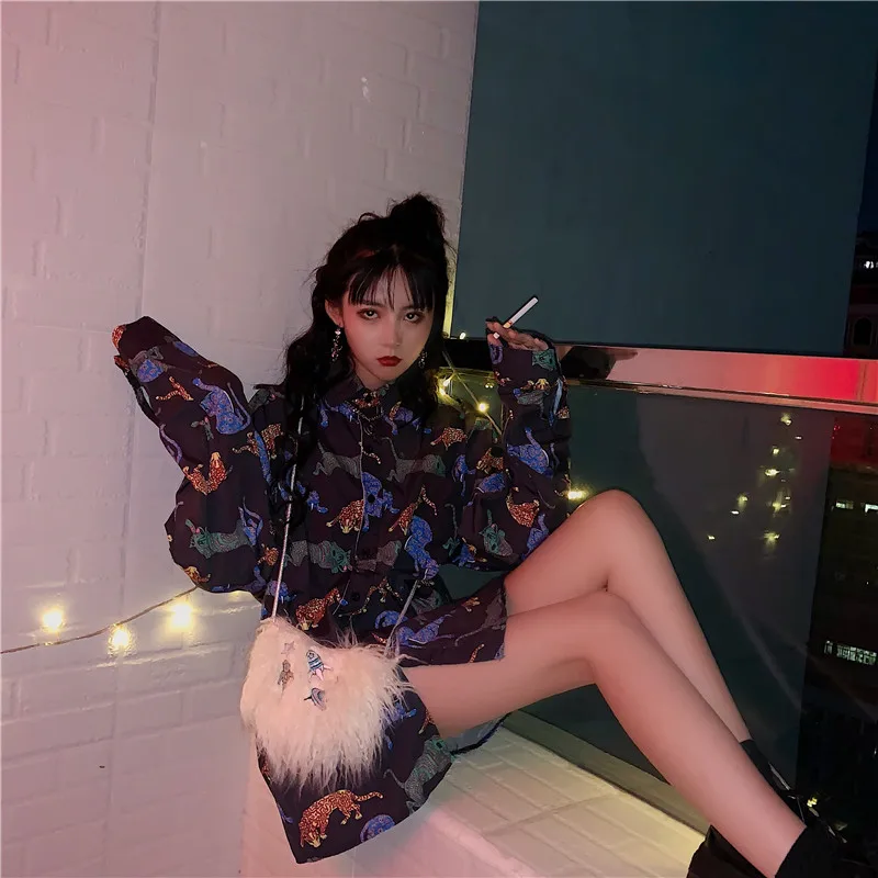 Neploe Harajuku Мужская и женская уличная одежда в стиле хип-хоп Блуза свободная негабаритная рубашка с принтом из мультфильмов винтажная блуза с длинными рукавами 55154