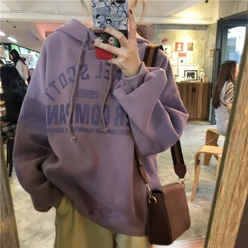 

GOOHOJIO New Women Hoodies Large Size Leisure Letter Printed Long Sleeve Hooded Pullovers 2020 Casual Korean Sweatshirt Tops