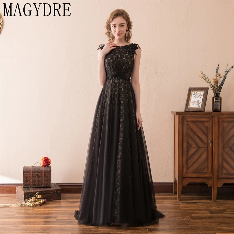 Оборки с плеча А-силуэт вечернее черное платье из тюля Аппликации из кружева с цветами в пол платье с поясом платье