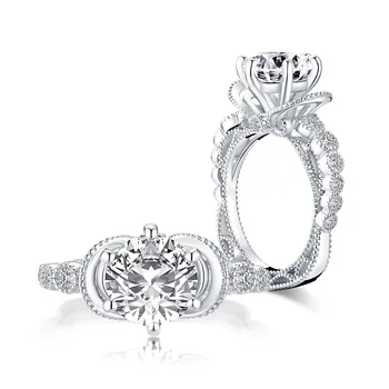 

Flower Shape 925 Silver Engagement Ring Classic Six Prong Round Synthetic Diamond Ring Women's Wedding Gift