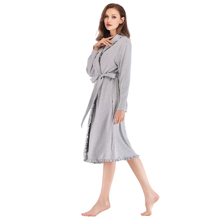 Design Women Sleepwear Elegant Kimono Robe Ladies Winter Autumn Casual Bathrobe Loose Ruffle Soild Bathroom Spa Robes For Women