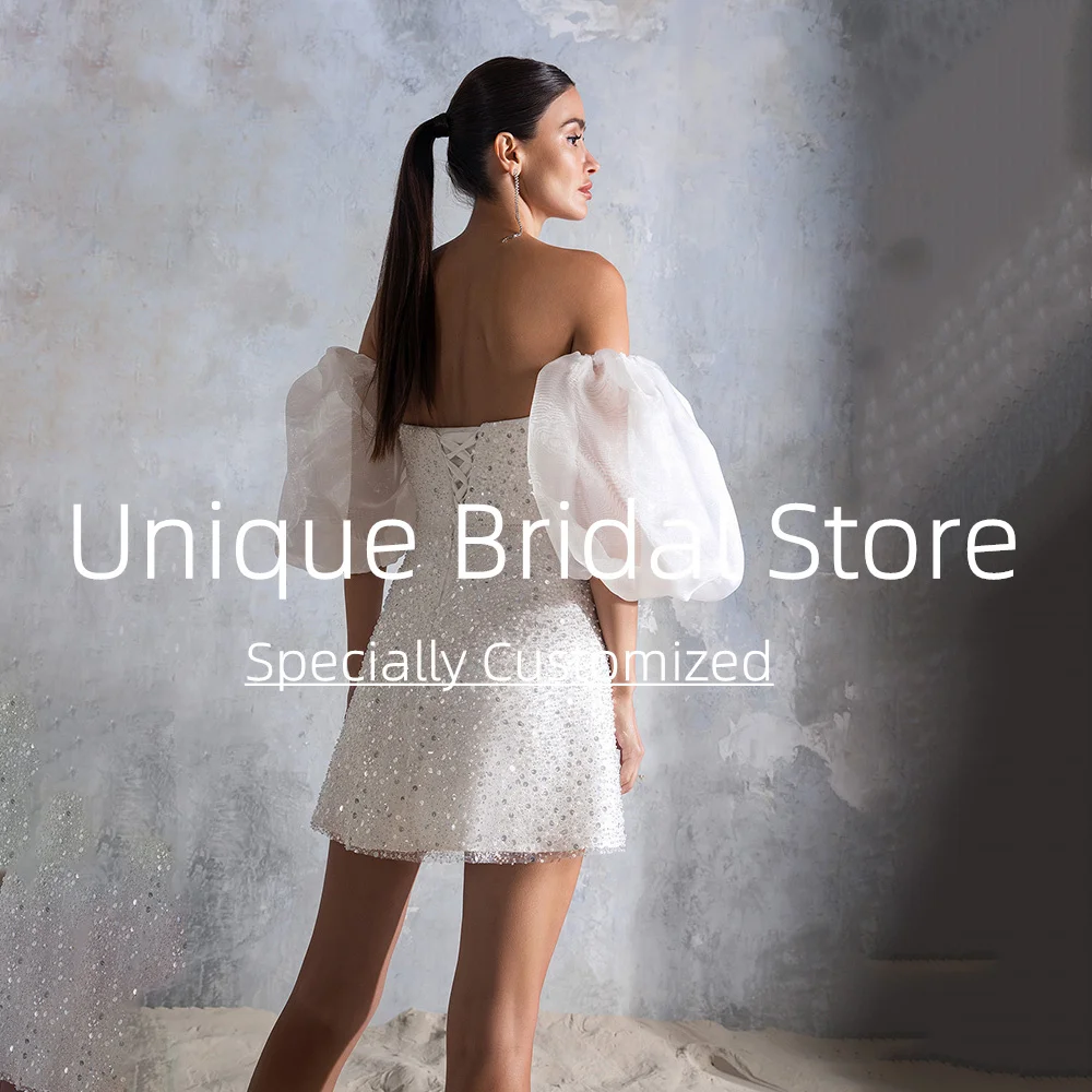 UETEEY A-Line Short Wedding Dress Sequined Long Puff Sleeve Plus Size Lace Up Back Wedding Gowns 2022