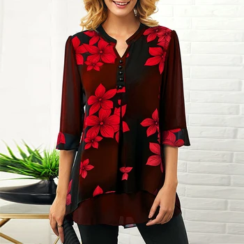 

Oversized Vintage Floral Print Women's Shirt 2020 New Women Shirts Casual Harajuku V Neck Half Sleeve Irregular Tops 5XL Blouse