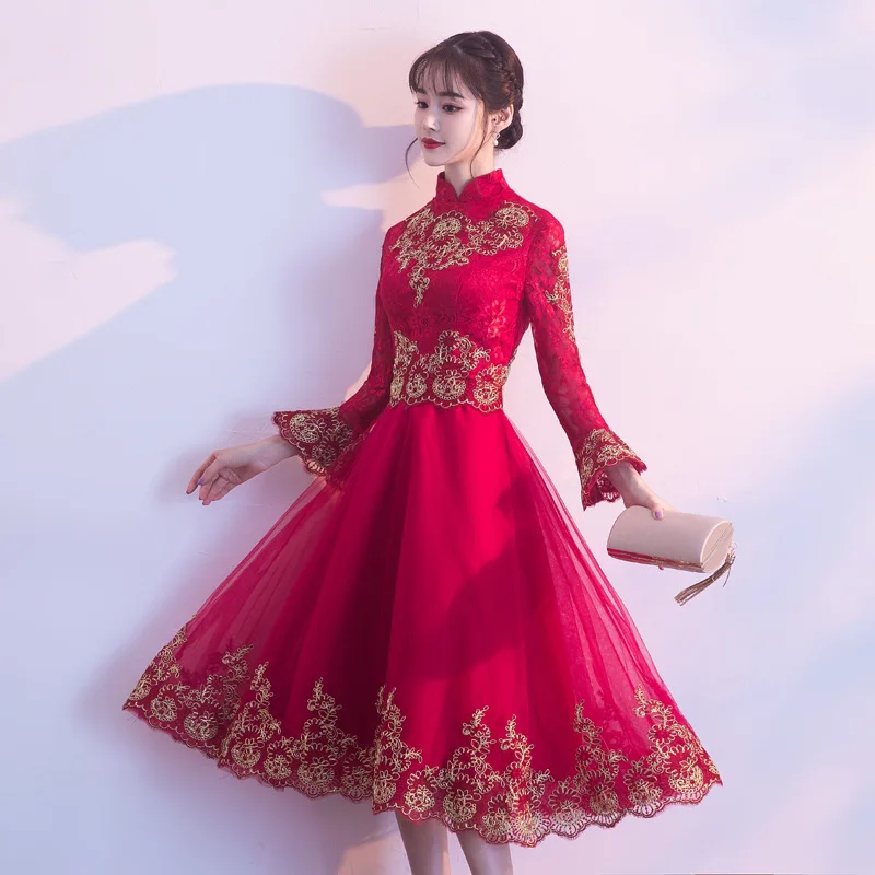 Элегантное женское свадебное платье Qipao, китайский стиль, воротник-стойка, официальное вечернее платье, изысканное кружевное Сетчатое платье, макси платье