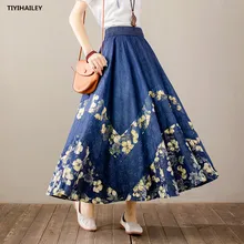 TIYIHAILEY Free Shipping 2021 Long Maxi A-line Skirt Women Elastic Waist Spring Autumn Denim Jeans Vintage Big Hem Skirt Print