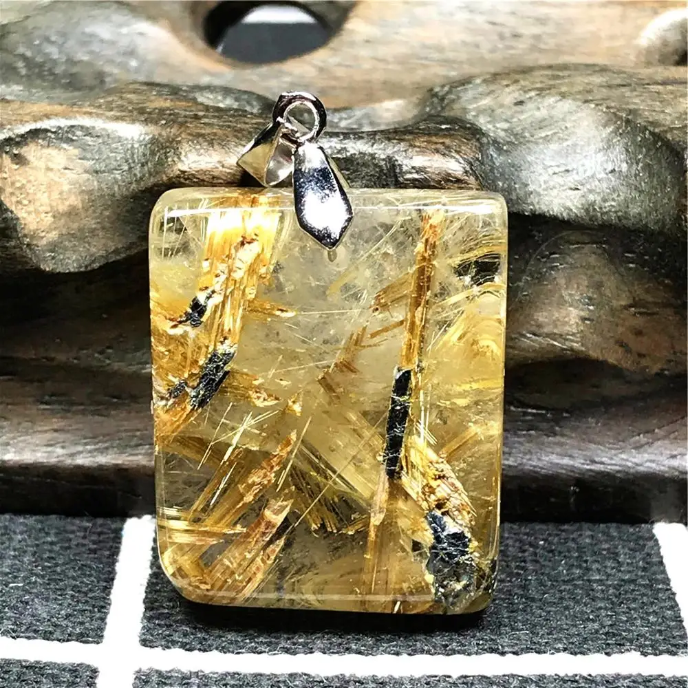 

Top Natural Gold Rutilated Rectangle Pendant For Woman Man 25x20x9mm Beads Stone Reiki Crystal Necklace Pendant Jewelry AAAAA