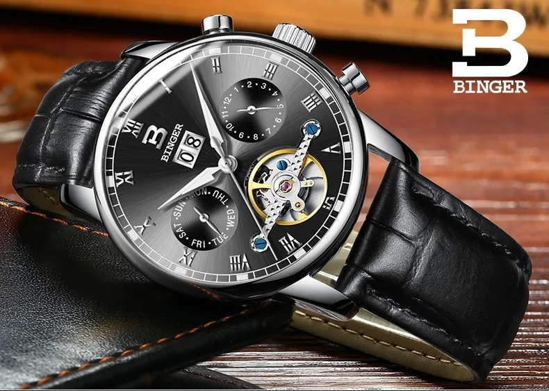 Швейцарские Бингер мужские часы люксовый бренд Tourbillon fulll нержавеющая сталь водонепроницаемые часы Механические наручные часы B-8604