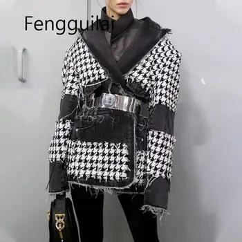 

2020 Autumn Winter New Full Sleeve Lattice Tweed Cowboy Split Joint Long Fund Self-cultivation Fashion Trend Jacket Female