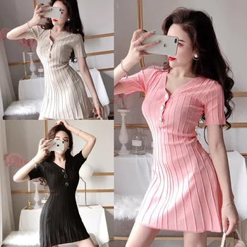 

2019 New Style Knit V-neck Mid-length Short Sleeve Slim Fit Sheath Dress Women's 1927b453