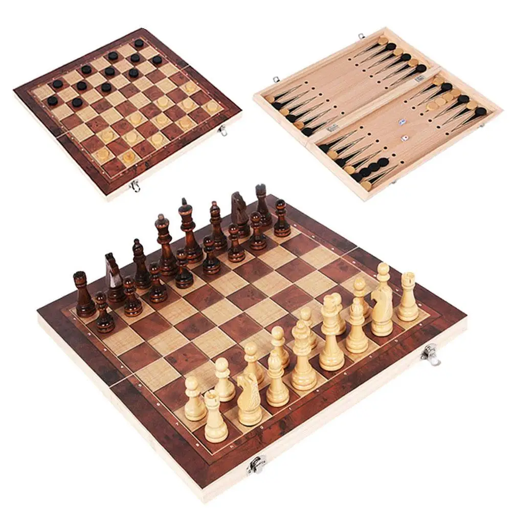 3 in 1 Hand Crafted Folding Wooden Chess /& Draughts Set 24cm x 24cm Travel Board