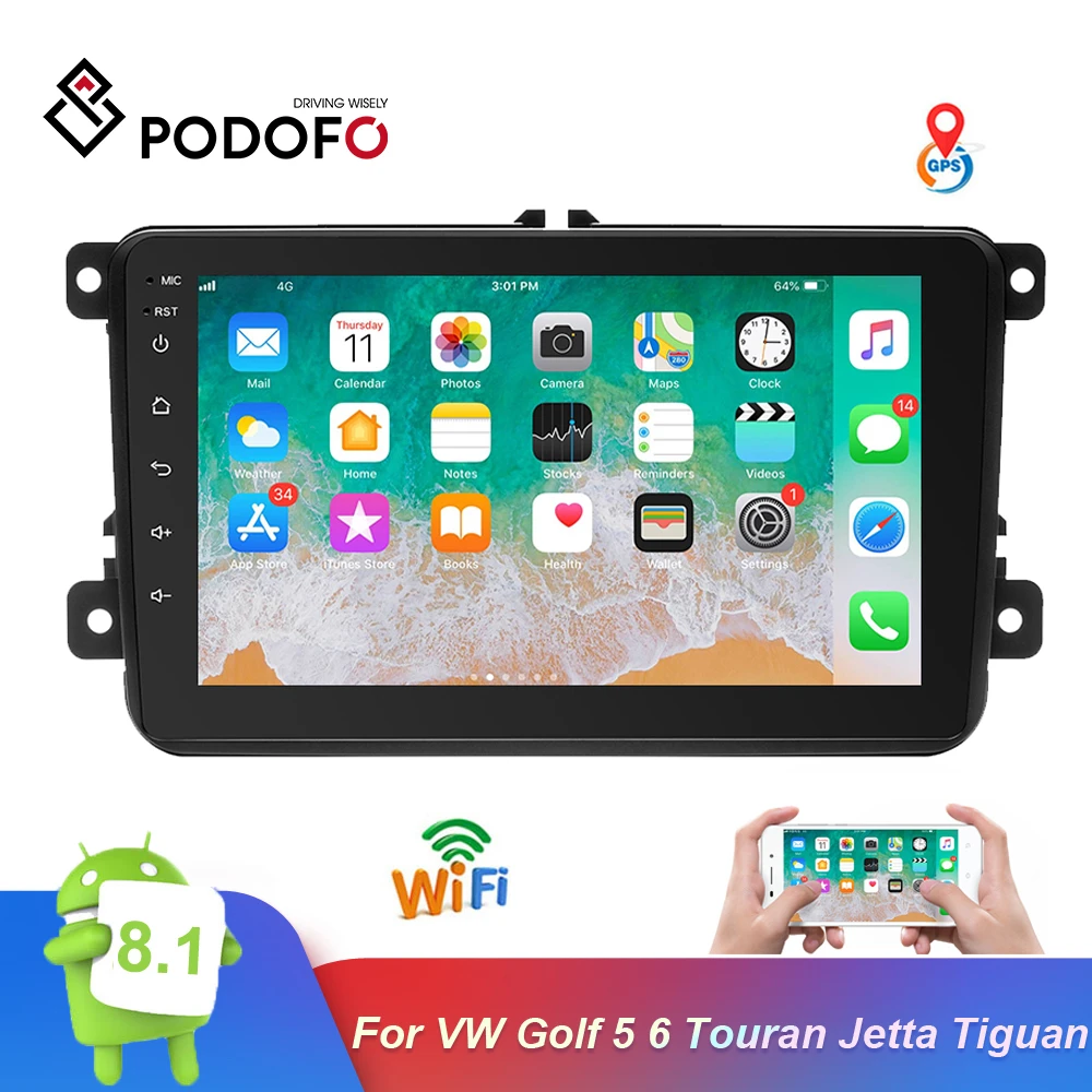 Podofo Android 8,1 " 2Din Автомагнитола gps Автомобильный мультимедийный плеер для VW Golf 5 6 Touran Caddy Jetta Tiguan Mirror Link