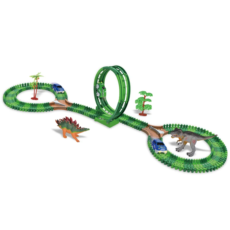 

153Pcs Kids Diy Assemble Jurassic Dinosaur Rail Race Track Car Toy Rail Blocks Railway Roller Coaster Racing Tracks Vehicle To