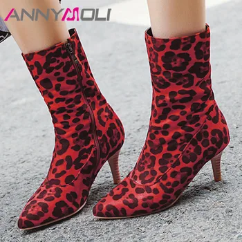 

ANNYMOLI Woman Boots Leopard High Heel Med Calf Boots Zip Thin Heel Shoes Pointed Toe Short Boots Ladies Footwear Winter Red 43