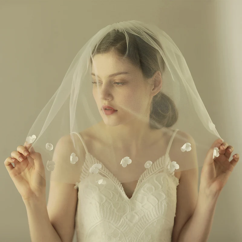 

V601 Soft white short shoulder bridal cathedral wedding veil luxury bridal face veil with handmade flowers