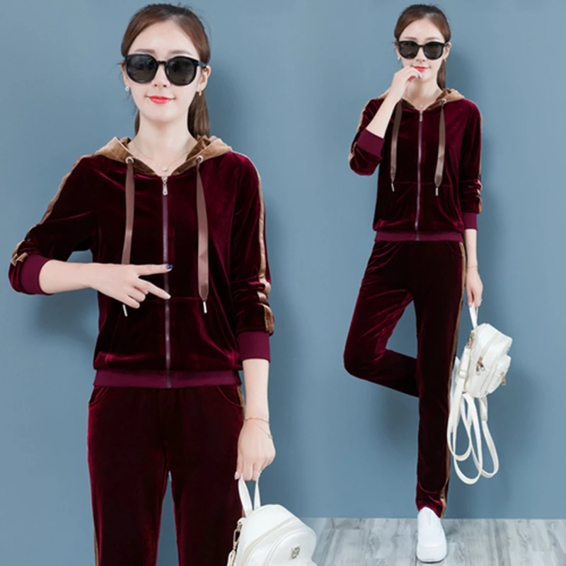 Velvet Tracksuit Two Piece Set Women Sexy Hooded Long Sleeve Top And Pants Bodysuit Suit Runway Fashion 2019 | Женская одежда