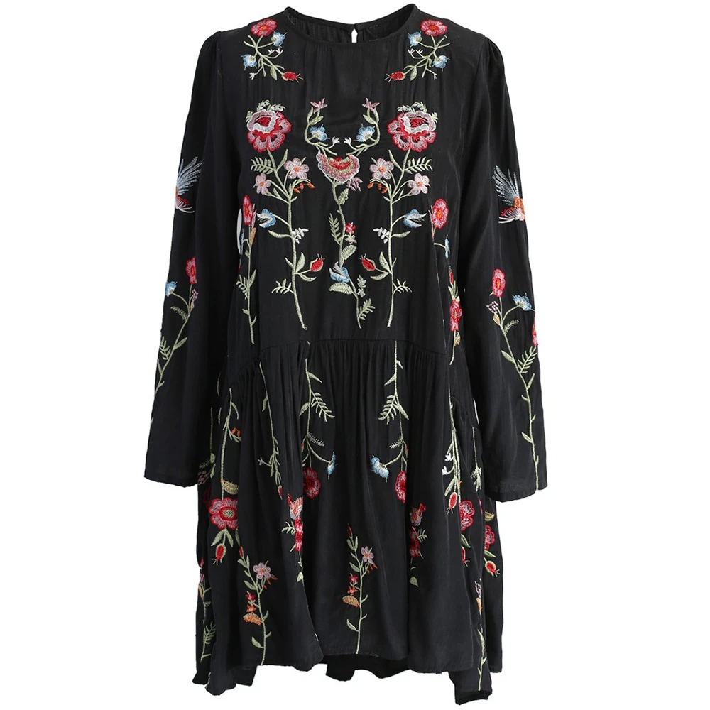 Весна Мини-Платье с цветочной вышивкой Boho шикарные женские пляжные платья Хлопок Винтаж цыганское черное пляжное платье туника