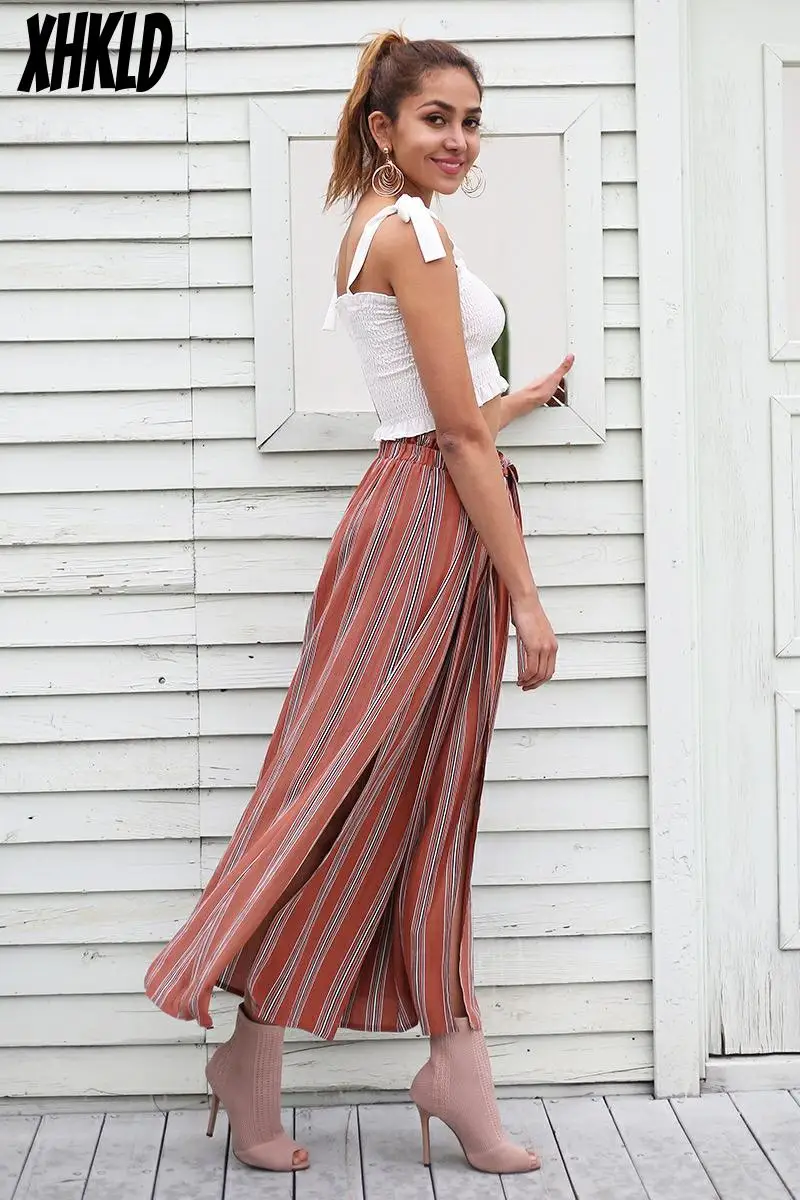 Новинка 2018 широкие брюки в полоску с высоким разрезом женские летние пляжные