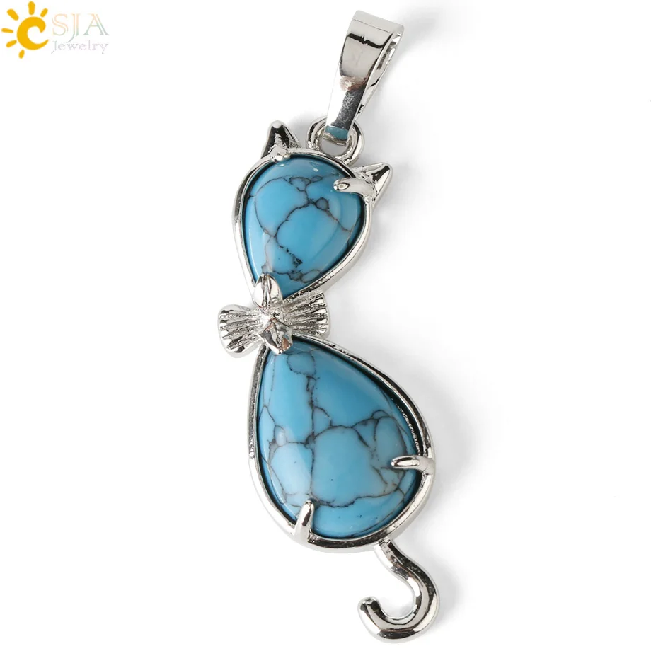 Blue Turquoise CSJA натуральный камень кошка животное кулон в форме капли воды Исцеление розовый с кварцевым тигровым глазом фиолетовый кристалл прекрасные ожерелья для женщин девочек G305 - Окраска металла: Blue Turquoise