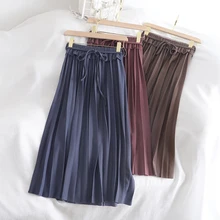 Повседневная Корейская женская плотная плиссированная юбка в винтажном стиле с бантом, трапециевидная юбка до середины икры, милая Офисная Женская юбка на шнуровке с высокой талией