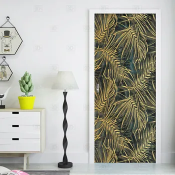 

European Style Retro Leaf Door Sticker 3D Hand-painted Mural Wallpaper Living Room Bedroom DIY Wall Sticker 3D Decal Home Design