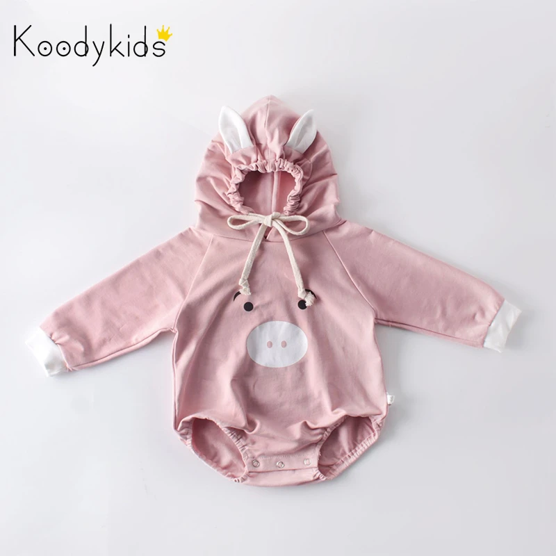 Koodykids/весенне-осенние боди с капюшоном для маленьких девочек; хлопковая Розовая Одежда для девочек; повседневные хлопковые комбинезоны с капюшоном в Корейском стиле; От 0 до 2 лет