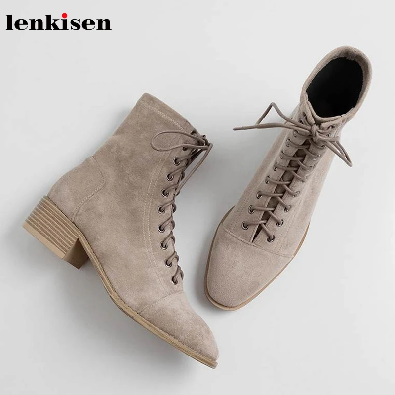 Lenkisen/Лидер продаж; элегантные зимние однотонные ботинки в британском стиле на шнуровке с круглым носком на среднем каблуке; модные теплые женские ботильоны из флока; L78