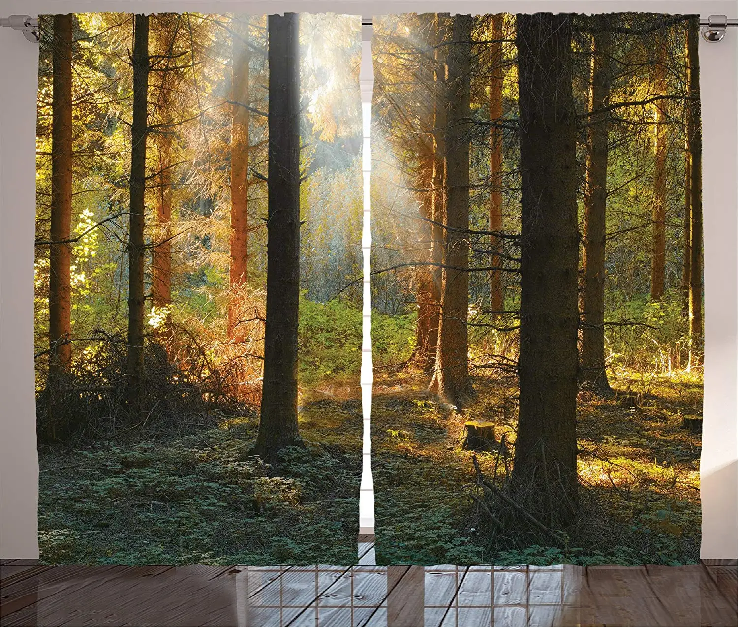 Занавески для столовой фермы закат на закате в темном сосновом лесу осенняя