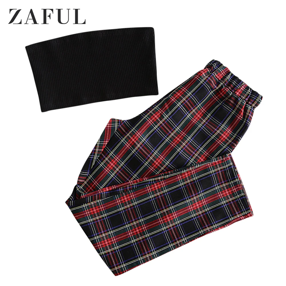 ZAFUL однотонный топ без бретелек и клетчатые штаны, комплект, простой топ на бретелях, штаны с высокой талией, костюм из двух частей, эластичные повседневные женские комплекты - Цвет: Multi b