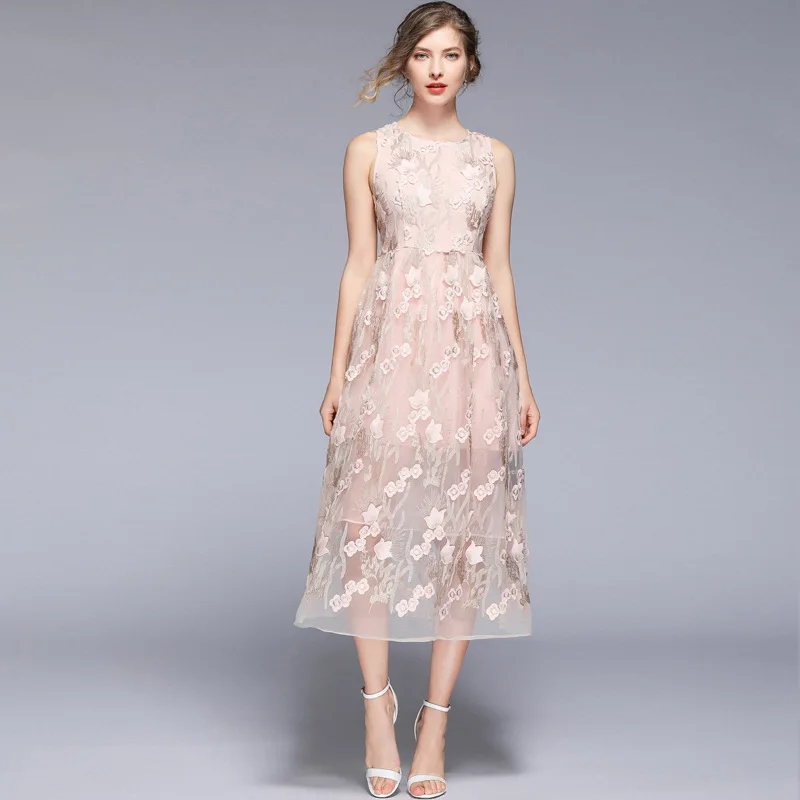 

2019 Spring And Summer Fashion New Style Crew Neck Sleeveless Slim Fit Slimming Embroidery Dress Elegant Versatile A- line Skirt