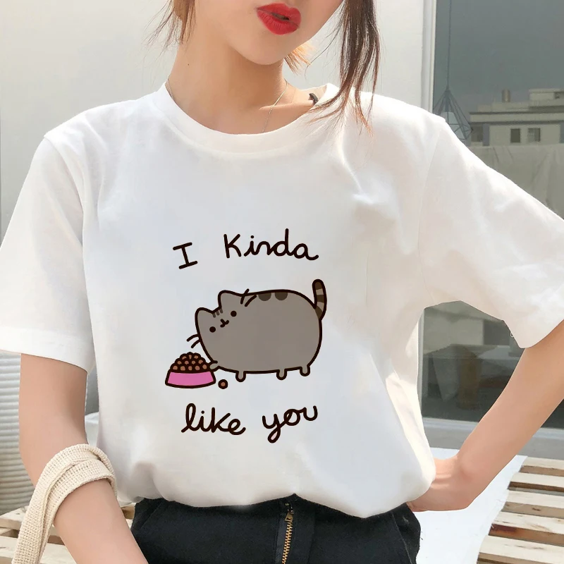 Kawaii, футболка с толстым котом, женская, новинка, летняя, милая, модная, короткий рукав, футболка, белая, тонкая, с секциями, хипстер, футболка, Топы, одежда