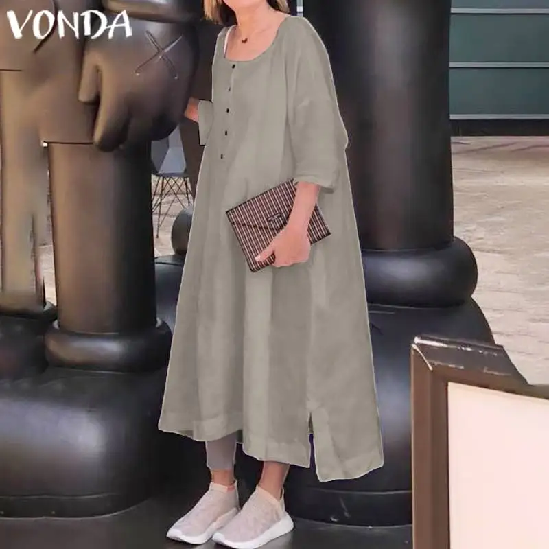 

Plus Size Dress Women Sundress VONDA 2019 Spring Summer Casual Loose 3/4 Sleeve Cotton Shirt Dresses Vintage Mid-Calf Vestidos