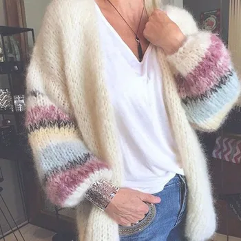 

Laamei Mohair Cardigan Womens Sweaters Candy Color Sweater Knit Cardigan Coat Striped Long Lantern Sleeve Mohair Sweater Autumn