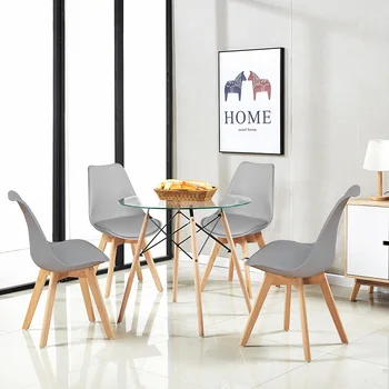 

Dining Table and Chairs Set Glass Round Kitchen Table and 4 Tulip Padded Chairs For Dining Room Living Room Kitchen Lounge