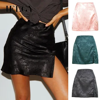 

IELGY Women's Skirt Sexy Jacquard Satin High Waist Zip Women Pink