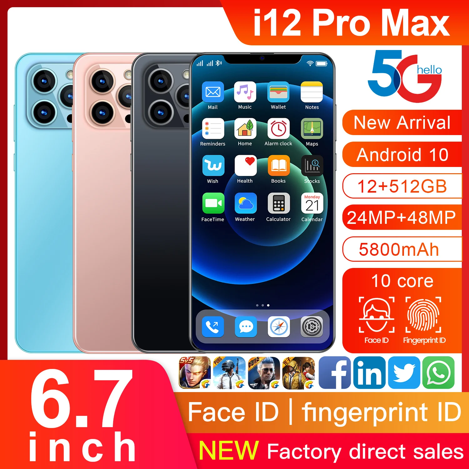 New Global Version i12Pro Max 6.7inch U-Screen Smartphone 5800mAh 12+512G Support Face Unlock Dual SIM Network Android Cellphone