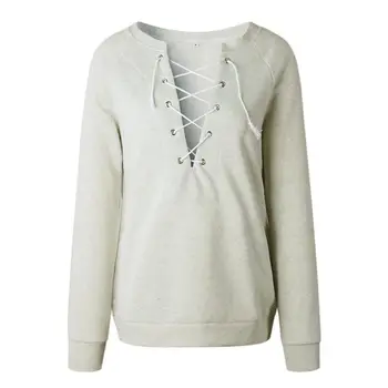 

Women Spring Hoodies Female Fashion Hoodies Lace-up Solid Color Tops Clothes Lady Round Neck Blouse