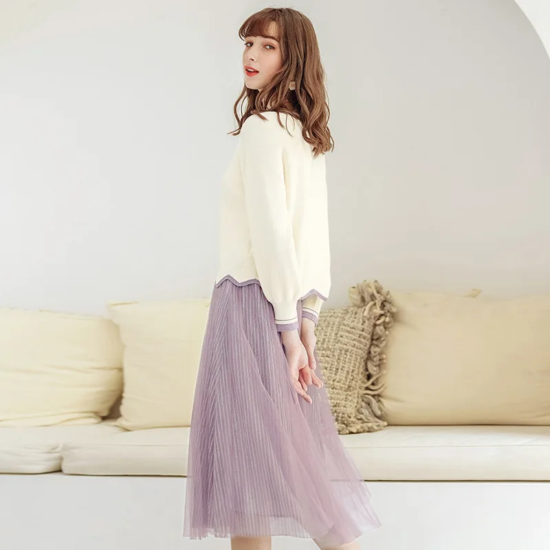

women's knitted sweater & mesh dress casual sweater o neck wave hem Mesh pleated skirt 2 pcs/set