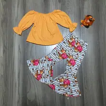 Осенне-зимняя детская одежда для маленьких девочек Хлопковые Штаны с длинными рукавами и принтом «горчичная Тыква», с оборками, с бантом