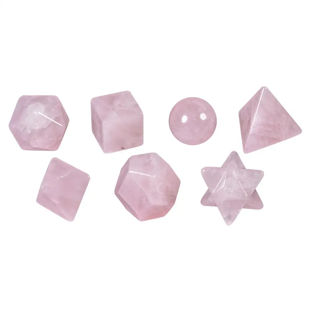 

TUMBEELLUWA 7Pcs Rose Quartz Crystal Platonic Solids Sacred Geometry Set,Polished Healing Gem Stones for Reiki Chakra Balancing