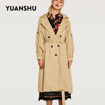 

YUANSHU Fashion Slim Mid-long Trench Coat Women Turn-Down Collar Double Breasted Epaulet Drop Shoulder Autumn Winter Coat