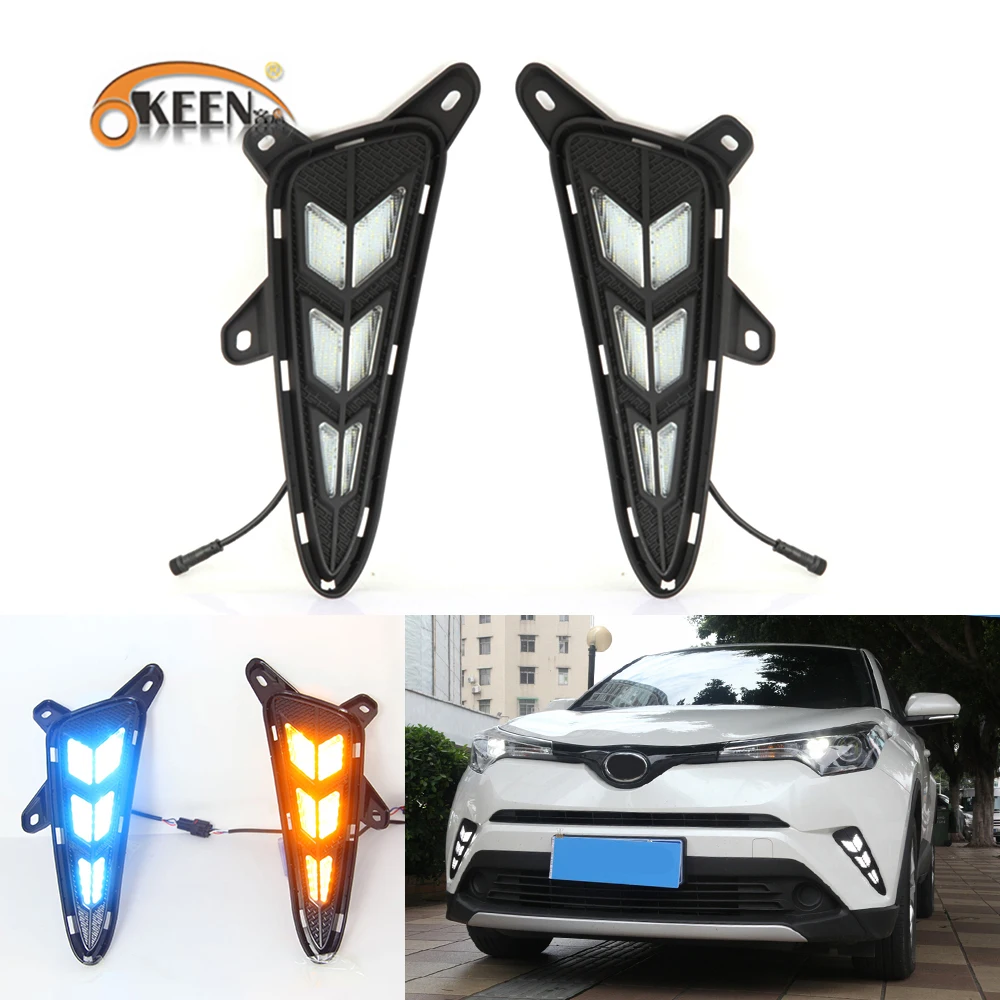 

OKEEN 2x Car LED Daytime Running Lights For Toyota C-HR CHR 2017 2018 2019 Daylight White Turn Signal Light Yellow Blue Fog Lamp