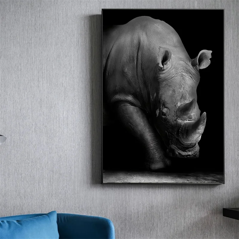 Black Whitte Rhino Art Canvas Print Painting Nordic Wild Animals Wall Picture Nature Art Poster for Living Room Home Decoration